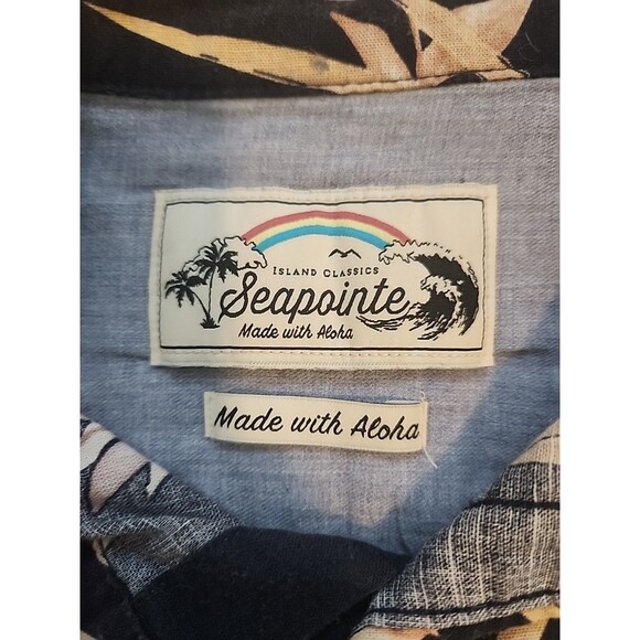 Seapointe Hawaiian Short Sleeve Cotton Button Front Shirt Men's M Blue Beige - Picture 2 of 7